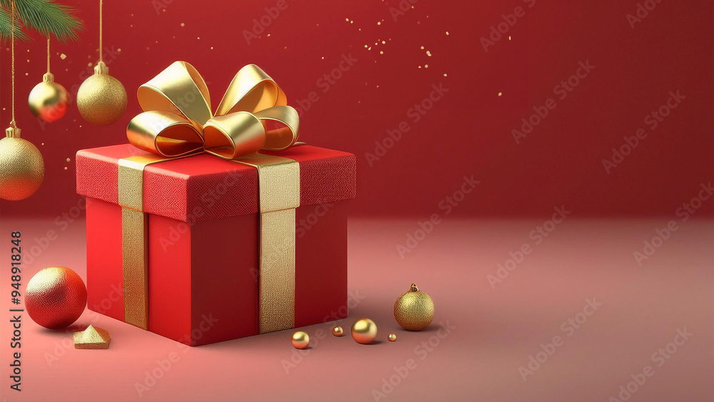Um pequeno gift box, vermelho com laço dourado fundo vermelho com pequenos enfeites natalinos flutuando. Espaço para escrita .Render 3. Cartão de natal, natalino. Um pequeno gift box, vermelho com laço dourado fundo vermelho com pequenos enfeites natalinos flutuando. Espaço para escrita .Render 3. Cartão de natal, natalino.