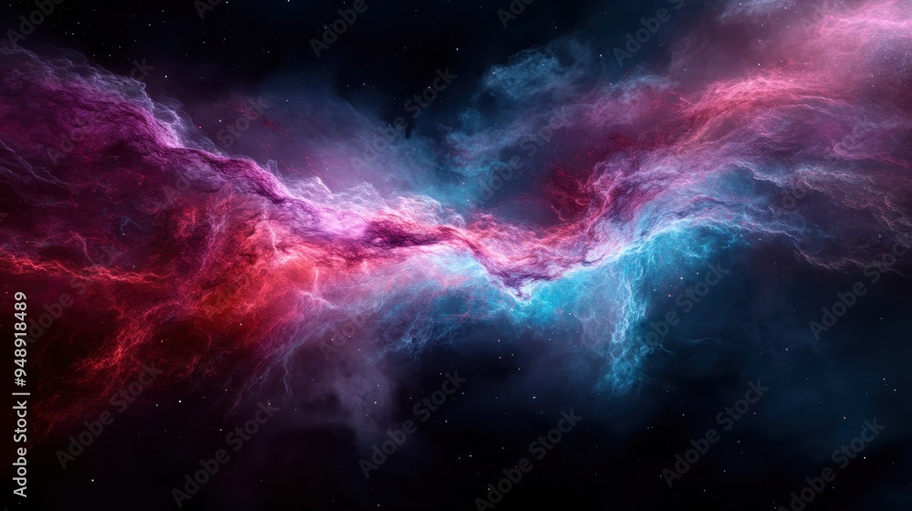 Fototapeta premium A stunning cosmic nebula with bright pink and blue colors swirls in the vastness of space, showcasing the beauty and mystery of the universe in an ethereal display.