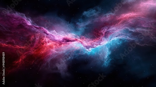 A stunning cosmic nebula with bright pink and blue colors swirls in the vastness of space, showcasing the beauty and mystery of the universe in an ethereal display.