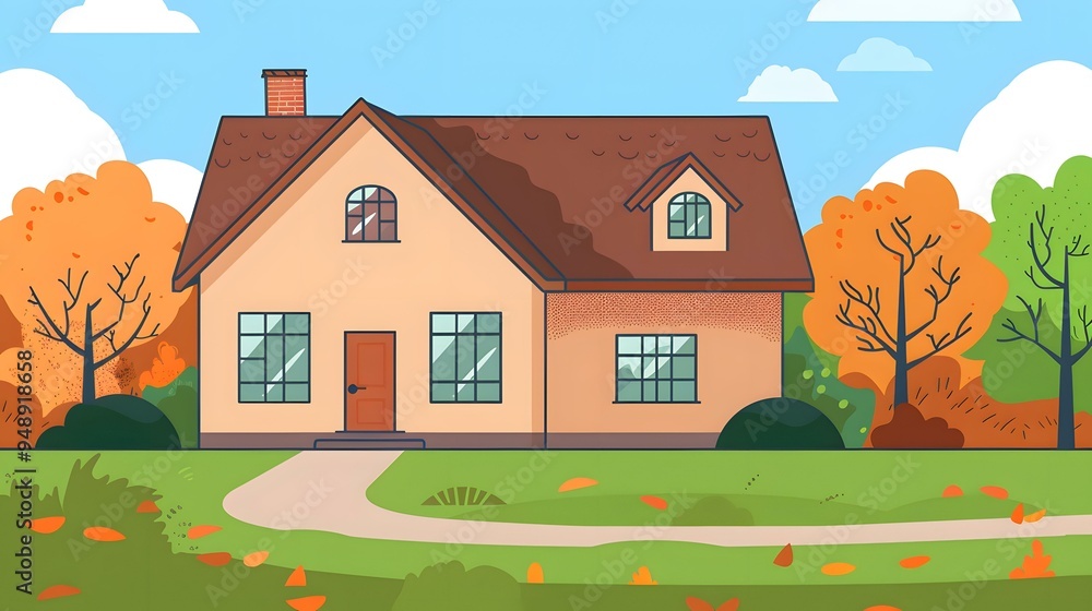 Cartoon Illustration Of A Yellow House In The Autumn Cartoon Illustration Of A Yellow House In The Autumn