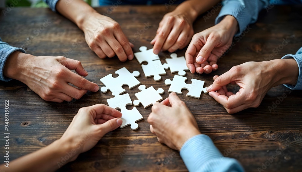 Collaborative Minds: A Group of Hands Skillfully Assembling White Puzzle Pieces on a Wooden Table Collaborative Minds: A Group of Hands Skillfully Assembling White Puzzle Pieces on a Wooden Table