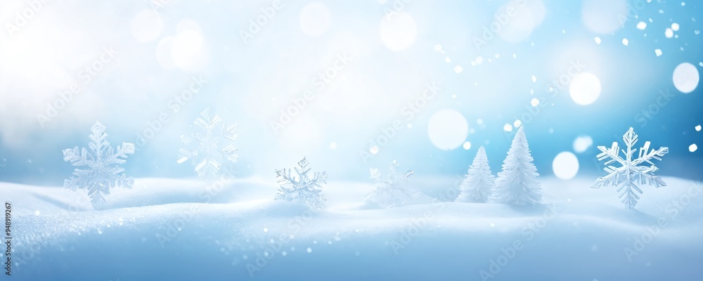 Winter wonderland with snowflakes and evergreen trees under a soft blue sky Winter wonderland with snowflakes and evergreen trees under a soft blue sky