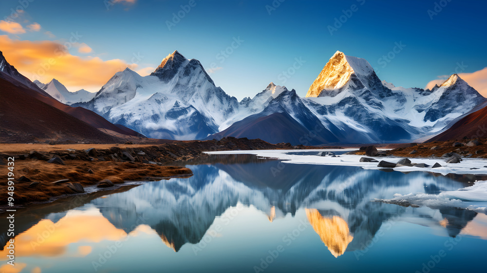 Fototapeta premium Spectacular Scenic View of Snow-Capped Mountain Range, Lush Green Slopes, and a Crystal Clear Lake