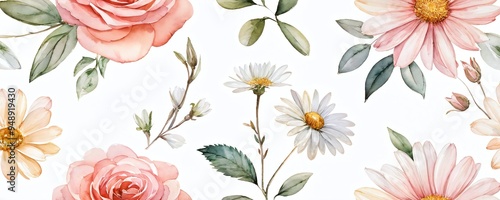 A vibrant floral arrangement featuring roses, daisies, and greenery set against a soft white background