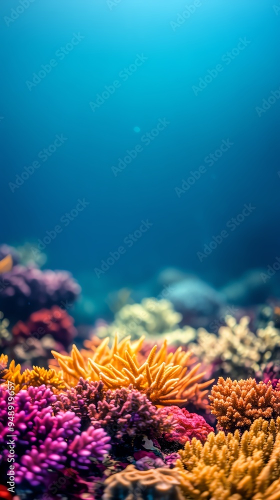 Obraz premium Vibrant coral reef underwater with colorful corals and blue water
