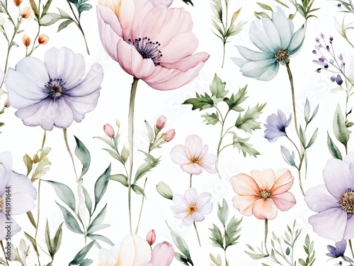 Wallpaper Mural Colorful watercolor floral pattern featuring various flowers and greenery on a soft background, ideal for design and decor Torontodigital.ca