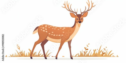 Adorable cartoon-style brown deer standing amidst autumn foliage, ideal for children's illustrations.