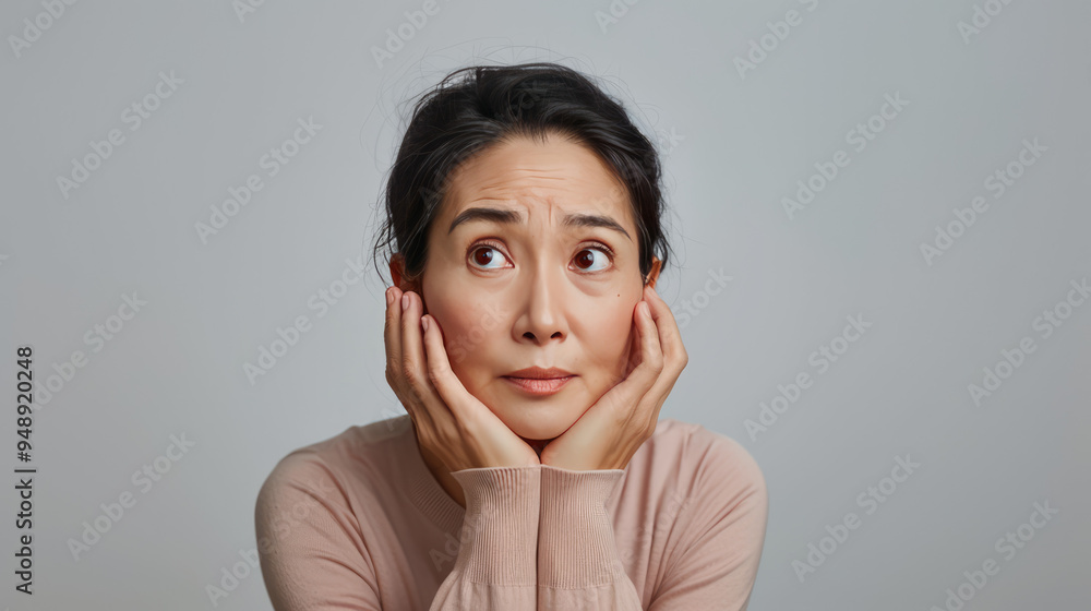 middle age asian woman is having stress and worry about something, look up on the side over the shoulder , she standing on white background middle age asian woman is having stress and worry about something, look up on the side over the shoulder , she standing on white background