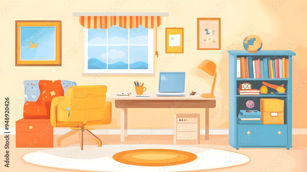 Yellow Chair In Front Of Desk In A Kids Room Illustration Yellow Chair In Front Of Desk In A Kids Room Illustration