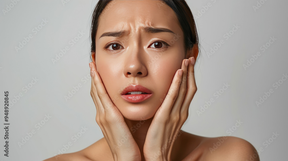 and young asian girl is having stress and worry about something , she standing on white background and young asian girl is having stress and worry about something , she standing on white background