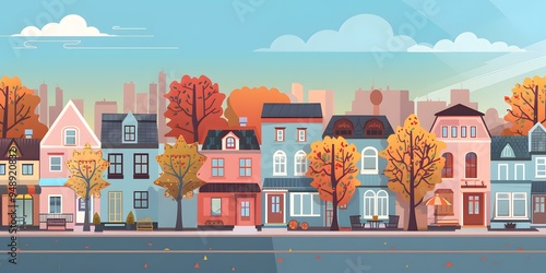 Autumn Cityscape with Colorful Buildings and Trees