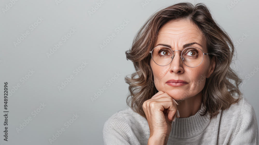 classy brunette hair older middle age woman is thoughtful and worried standing on the white wall background classy brunette hair older middle age woman is thoughtful and worried standing on the white wall background