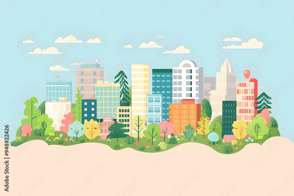 Colorful Cityscape Illustration with Buildings and Trees Colorful Cityscape Illustration with Buildings and Trees