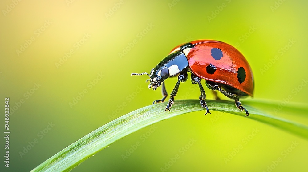 A close-up of a red and black bug on a green blade of grass with a blurry background A close-up of a red and black bug on a green blade of grass with a blurry background