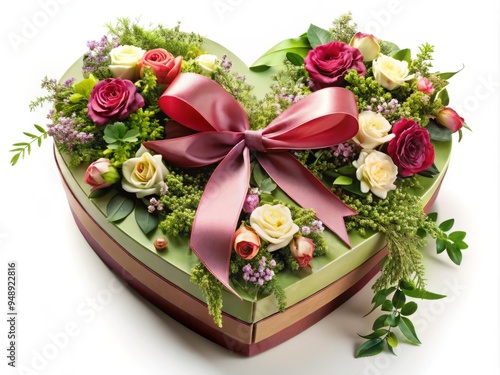 A beautifully decorated heart-shaped gift box adorned with intricate ribbons and bows, overflowing with lush greenery photo