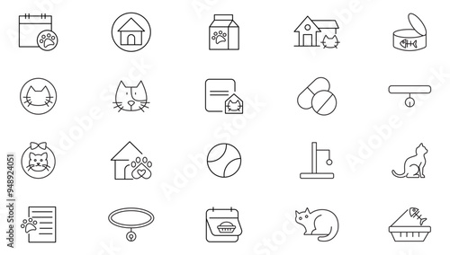 Cat line icon collection. Veterinary, pet, vet, pet shop, dog care, training, food, vaccine, pet care, and dog paw line icon set. UI outline icon pack