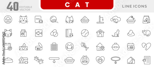 Cat line icon collection. Veterinary, pet, vet, pet shop, dog care, training, food, vaccine, pet care, and dog paw line icon set. UI outline icon pack