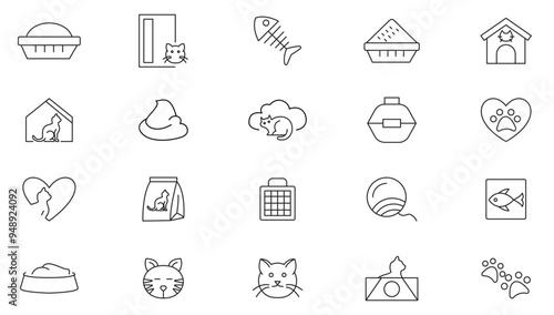 Cat line icon collection. Veterinary, pet, vet, pet shop, dog care, training, food, vaccine, pet care, and dog paw line icon set. UI outline icon pack