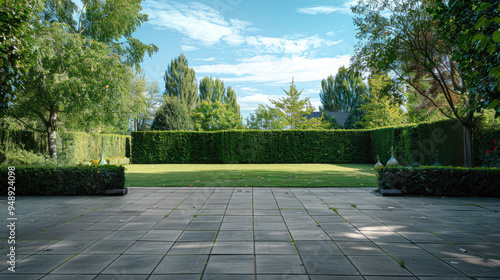 large green courtyard  backyard lawn path in the garden of a luxury mansion blue sky background 