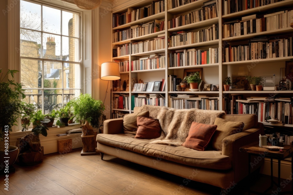 This London apartment interior showcases an inviting atmosphere with shelves filled with books, lush greenery, and a cozy sofa, perfect for relaxation and reading. This London apartment interior showcases an inviting atmosphere with shelves filled with books, lush greenery, and a cozy sofa, perfect for relaxation and reading.