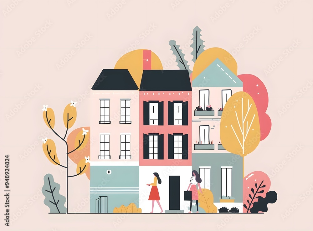 Naklejka premium Two Women Walking Past Colorful Houses in a Town