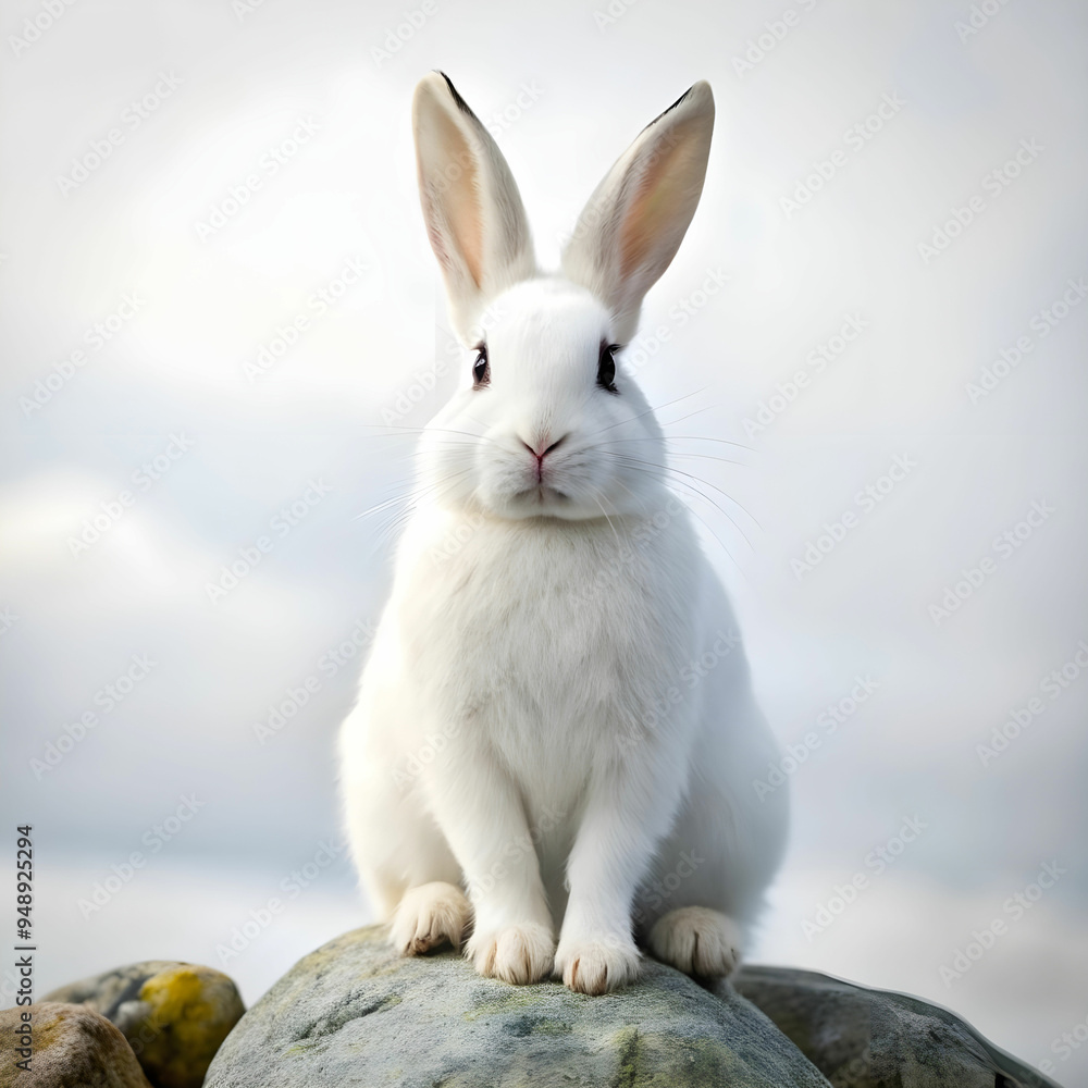 a white rabbit sitting on rocks with white background a white rabbit sitting on rocks with white background