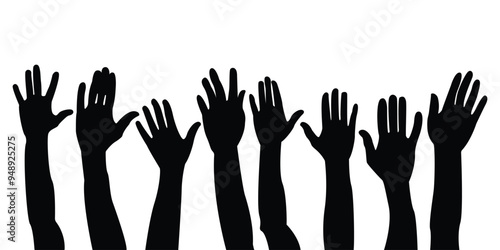 people raising hand silhouettes. People raising hand at the concert. Large group of people with raising hands, Cheering crowd at a concert. vector flat style. isolated on white background.