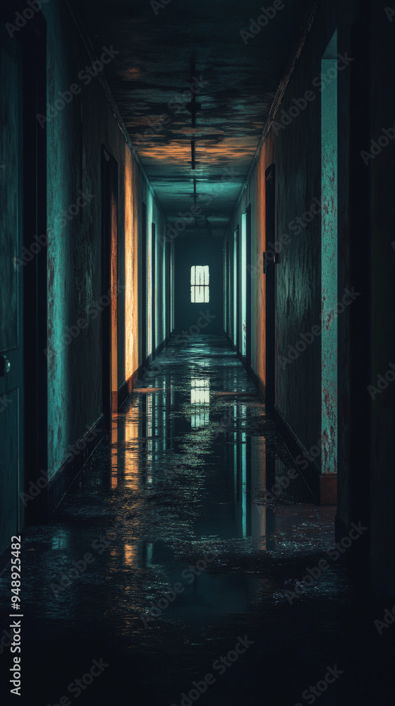 Obraz premium Dark hallway in an abandoned hospital with puddles on the floor 