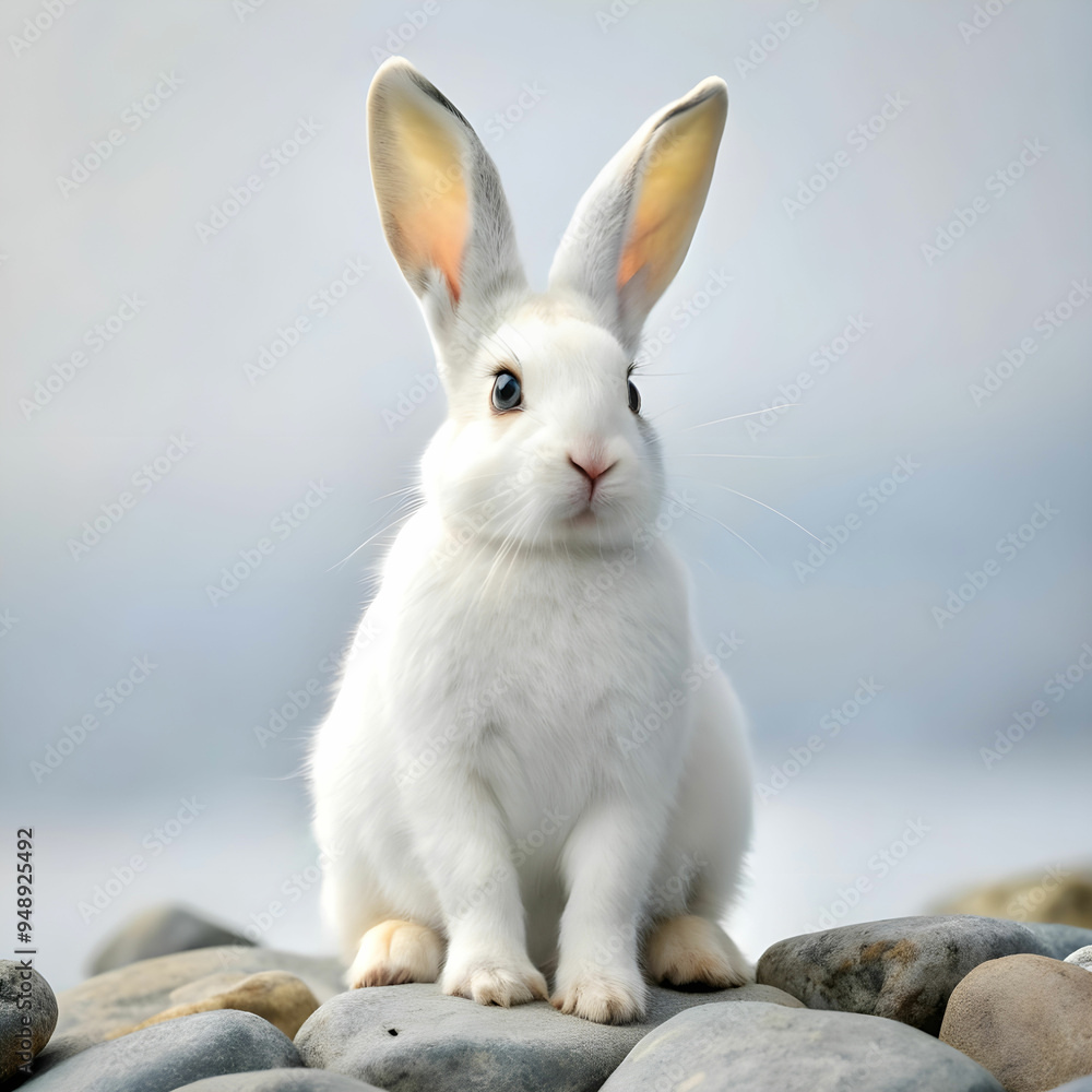 a white rabbit sitting on rocks with white background a white rabbit sitting on rocks with white background
