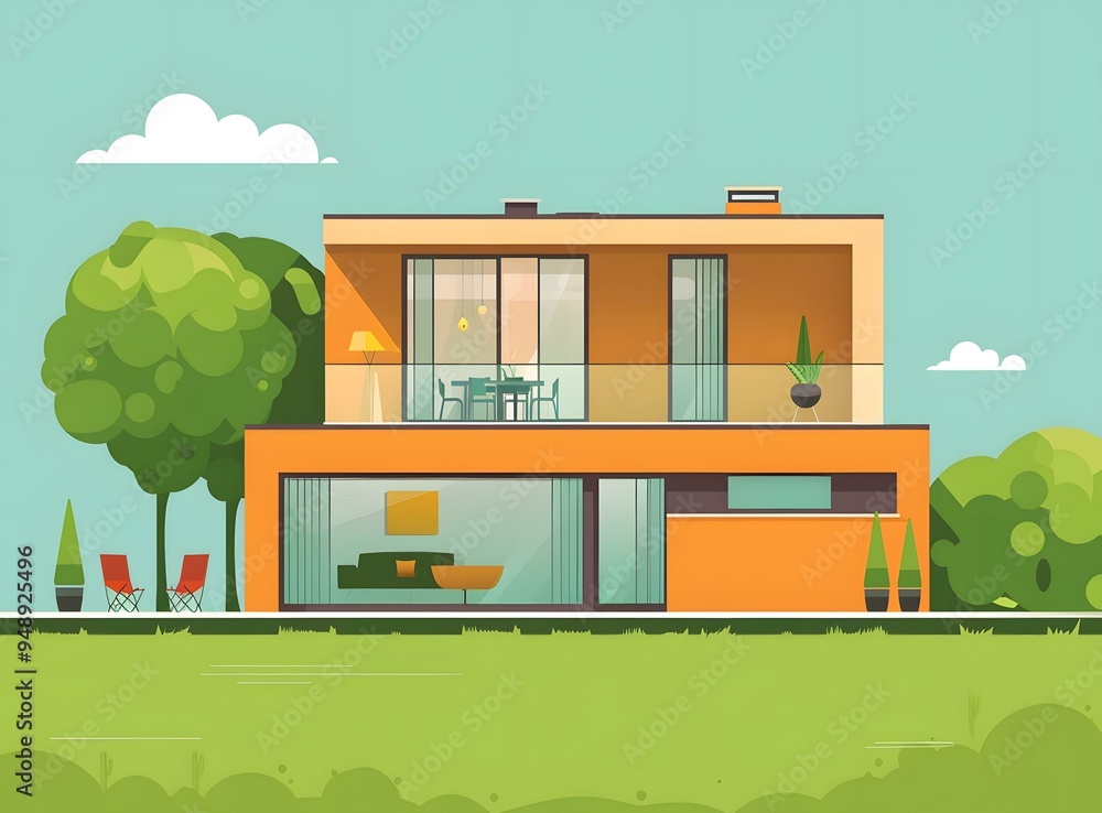 Modern Two Story House with Balcony Illustration Modern Two Story House with Balcony Illustration
