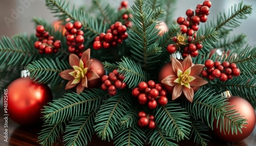 Christmas background with fir tree branches, red berries, and silver bauble on wooden board, Christmas decoration with holly, berries and pine branches on red background, Christmas decoration with fir