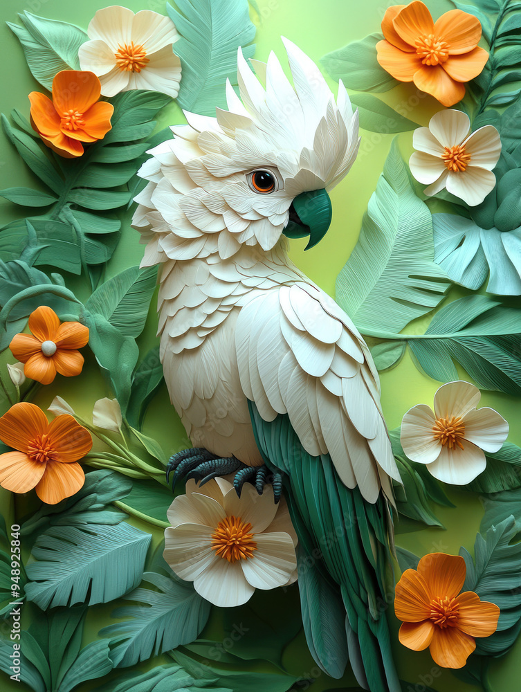Obraz premium White Parrot with Green Feathers on Yellow-Green Background in 3D Oil Painting Style