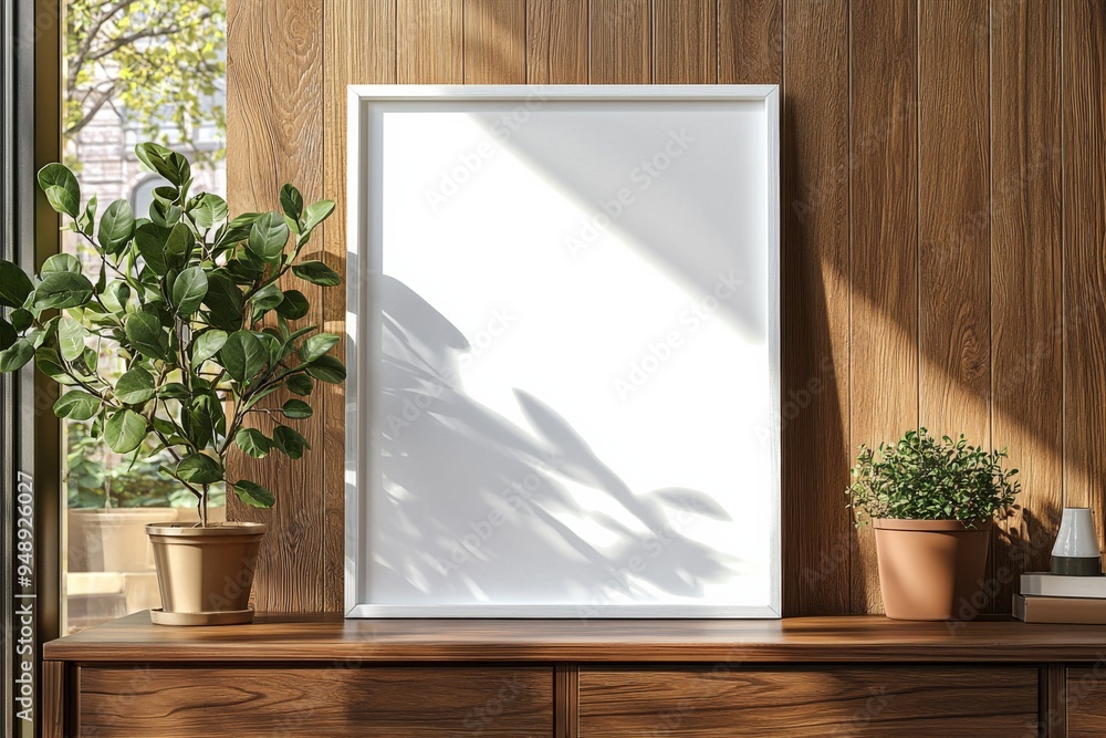 Poster Frame Mockup on Wooden Interior Background created with Generative AI Poster Frame Mockup on Wooden Interior Background created with Generative AI