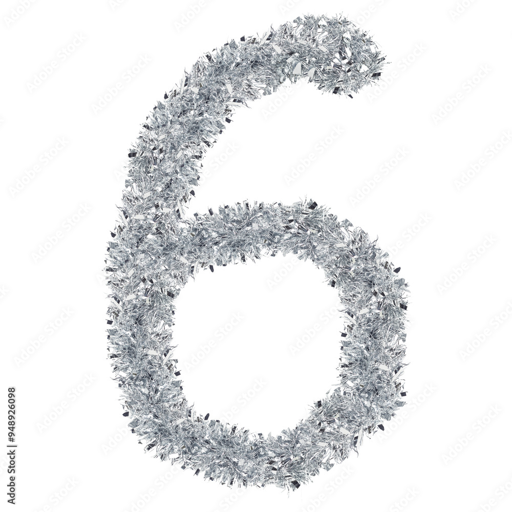 number 6 made from New Year's tinsel, isolated Christmas tinsel, tinsel garland number 6 made from New Year's tinsel, isolated Christmas tinsel, tinsel garland