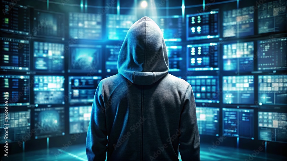 A hooded figure sits in a dimly lit room surrounded by screens displaying code and stolen data, symbolizing the A hooded figure sits in a dimly lit room surrounded by screens displaying code and stolen data, symbolizing the