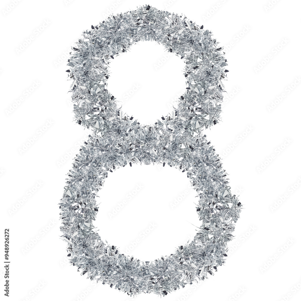 number 8 made from New Year's tinsel, isolated Christmas tinsel, tinsel garland number 8 made from New Year's tinsel, isolated Christmas tinsel, tinsel garland