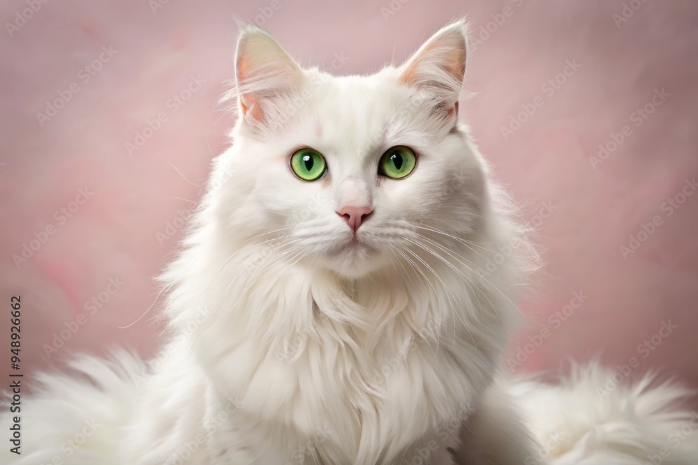 A majestic, fluffy white cat with piercing green eyes and a pink nose sits regally against a soft, creamy background, A majestic, fluffy white cat with piercing green eyes and a pink nose sits regally against a soft, creamy background,