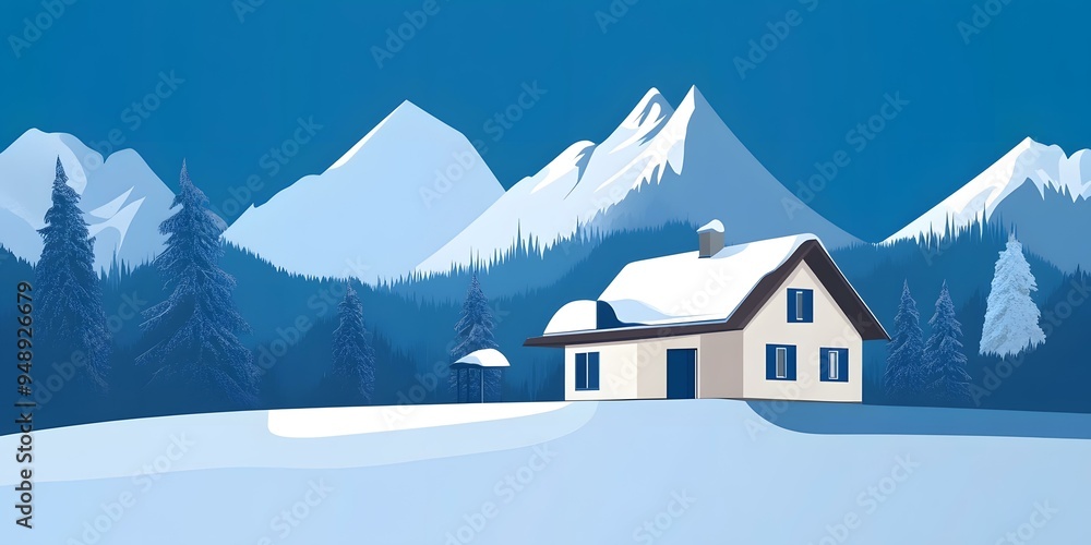 Fototapeta premium Winter Mountain Cabin Illustration