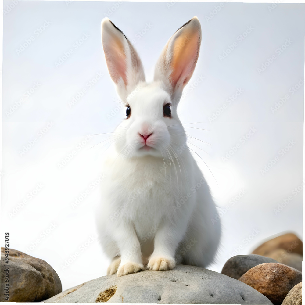 Fototapeta premium a white rabbit sitting on rocks with white background