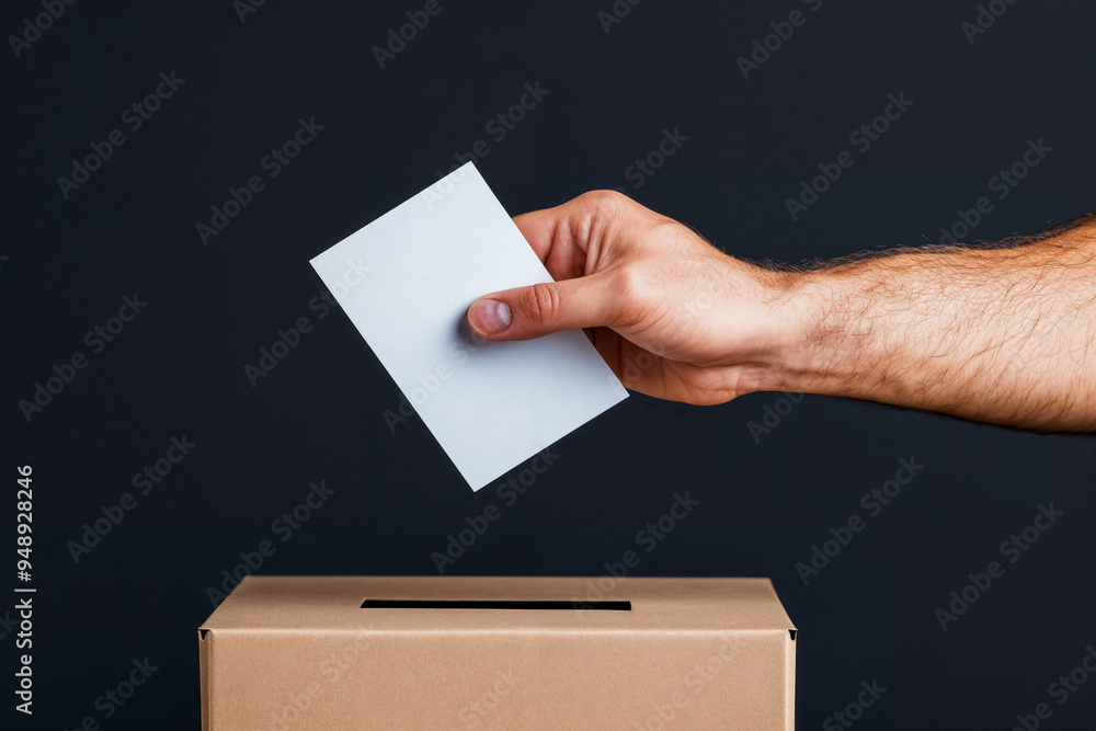 Close-up of a hand holding a white paper card and placing it in a ballot box on a black background, with copy space. Close-up of a hand holding a white paper card and placing it in a ballot box on a black background, with copy space.