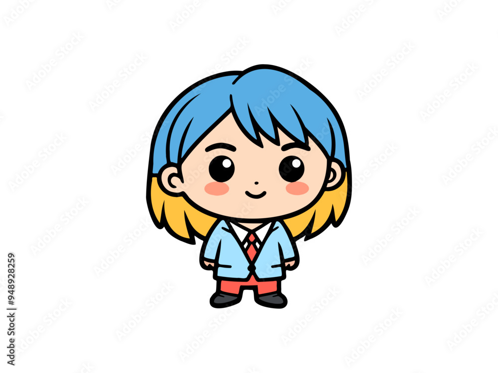 Boy cartoon with blue hair and business attire Boy cartoon with blue hair and business attire