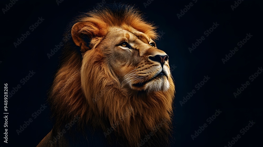 Fototapeta premium Lion Close-up Looking Up on Black Background, Abstract Image, Texture, Pattern, Wallpaper, Cover and Screen of Smartphone, PC, Laptop, 9:16 and 16:9 Format