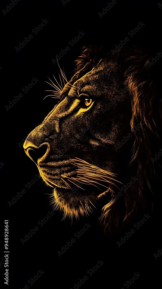 Naklejka premium Lion Close-up Looking Up on Black Background, Abstract Image, Texture, Pattern, Wallpaper, Cover and Screen of Smartphone, PC, Laptop, 9:16 and 16:9 Format