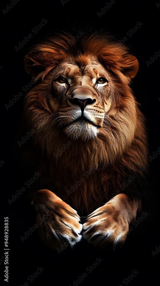 Fototapeta premium Lion Close-up Looking Up on Black Background, Abstract Image, Texture, Pattern, Wallpaper, Cover and Screen of Smartphone, PC, Laptop, 9:16 and 16:9 Format