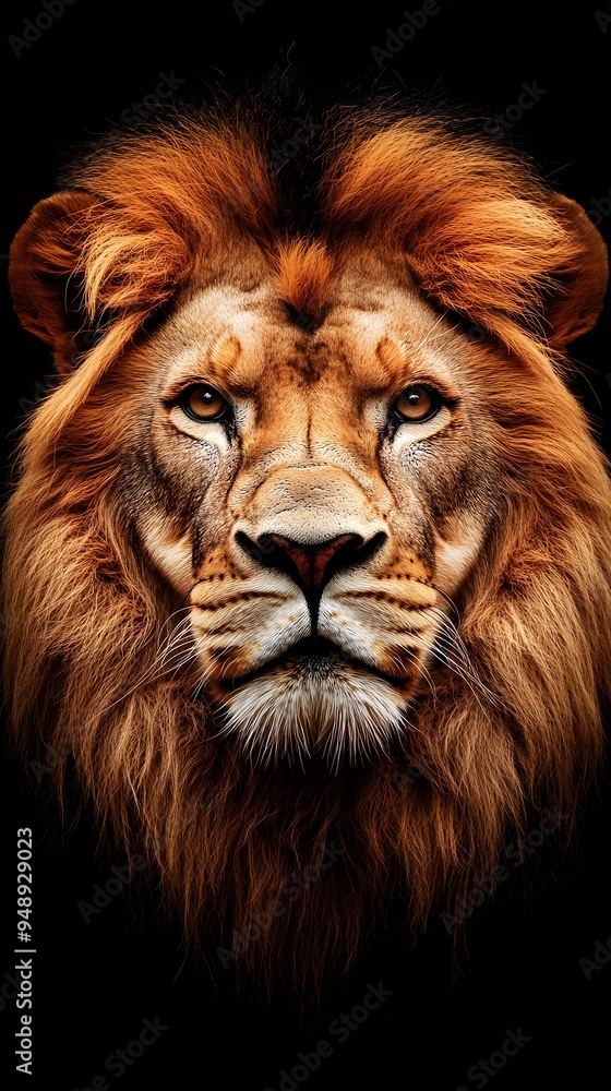 Fototapeta premium Lion Close-up Looking Up on Black Background, Abstract Image, Texture, Pattern, Wallpaper, Cover and Screen of Smartphone, PC, Laptop, 9:16 and 16:9 Format