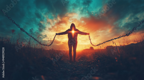 Salvation concept, man breaking from chains of sins, emerging into a bright and hopeful future. christian cross on the top, saved by religion