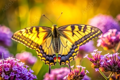 A vibrant yellow and black butterfly perches on a delicate purple flower, its intricate wings and antennae subtly