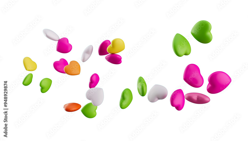 Fototapeta premium Multicolored hearts candies or yummy sweets isolated on the white 3d illustration 