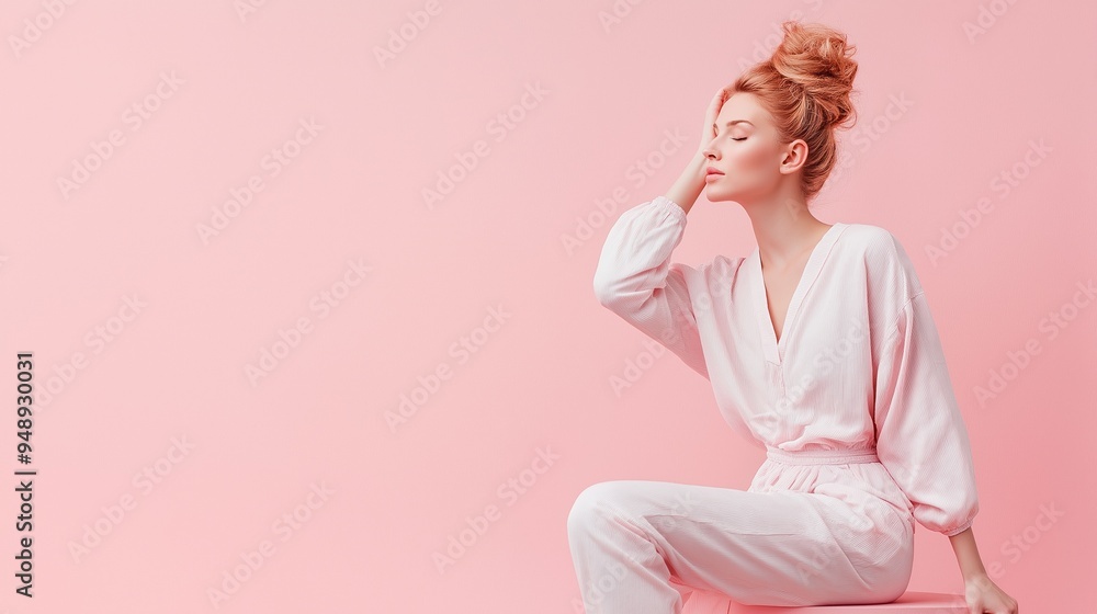 Woman in white pajama robe posing on pink background, with copy space. Woman in white pajama robe posing on pink background, with copy space.