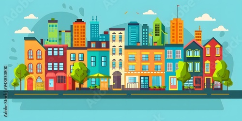 Colorful Cityscape Illustration with Buildings and Trees